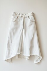 Fototapeta premium White denim skirt with knee-length and raw hem. Classic spring outfit, laid flat on a white surface with white background.