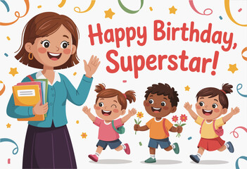 The image captures a happy teacher waving at her students who are celebrating one child's birthday, illustrating joy, education, and the warmth of classroom community.