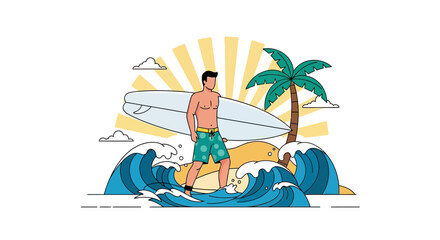 Fototapeta premium Cheerful Surfer Carrying Surfboard With Ocean Waves In Tropical Paradise Scene