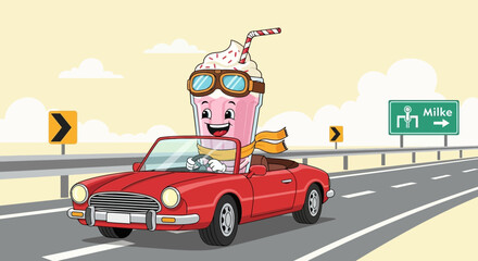 A Milkshake Character Driving An Open Top Car On A Road Trip Adventure