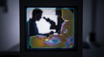 Silhouetted scientist observing through microscope with stained glass overlay