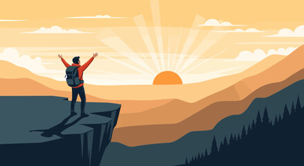 Achievement Concept Man With Backpack Standing On Mountain Cliff At Sunrise