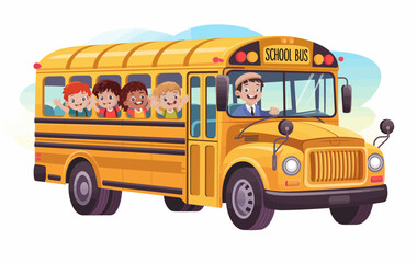 A vibrant illustration capturing children joyfully riding a school bus, symbolizing adventure, education, and camaraderie amongst young friends during school days.