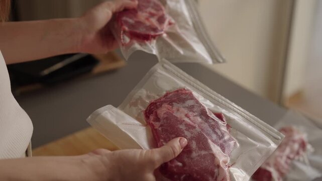 Close-up hands of unrecognizable woman holding and examining prepared two pieces of fresh red meat, after packaging in vacuum-sealed plastic bags for sous-vide cooking or long-term freezer storage.