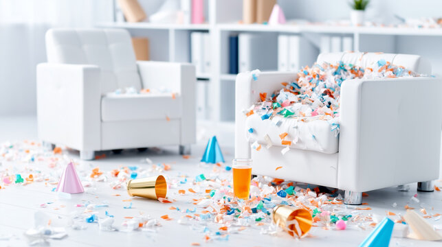Messy room with birthday party debris including colorful confetti and party hats scattered across the floor, bright and lively background, festive concept of event planning or party supplies - Powered by Adobe