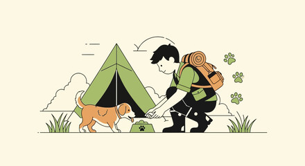 Adventure Awaits: Young Hiker Camping With His Dog In The Wilderness
