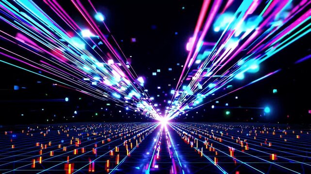 captivating 4k motion graphic video illustrating vibrant fiber optic strands and colorful beams representing futuristic data transmission and digital transformation concepts for modern industry and