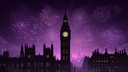 Fototapeta premium Silhouette of Big Ben Tower with Purple Clock Face Against Night Sky – Cinematic London Skyline Illustration
