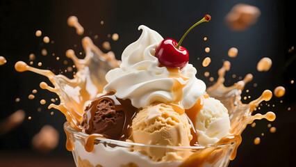 Delicious and Creamy Ice Cream Sundae with Cherry and Caramel Splash
