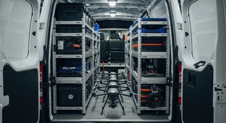 Interior of high-tech mobile drone deployment van with equipment