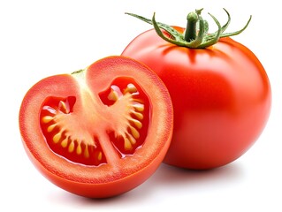On a white background a tomato that is fully ripe