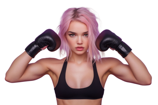 Feminine woman fighter 20s in sportswear and black boxing gloves standing in defense position while training isolated over purple background PNG