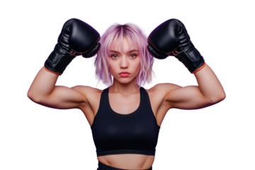 Feminine woman fighter 20s in sportswear and black boxing gloves standing in defense position while training isolated over purple background PNG