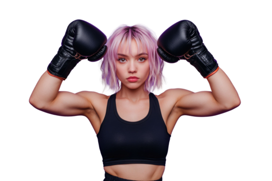 Feminine woman fighter 20s in sportswear and black boxing gloves standing in defense position while training isolated over purple background PNG
