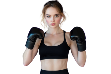 Feminine woman fighter 20s in sportswear and black boxing gloves standing in defense position while training isolated over purple background PNG