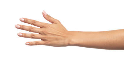 Woman hand showing five fingers with light pink nail polish on transparent background