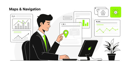 Businessman Working With Online Navigation And Charts In Modern Office Setting