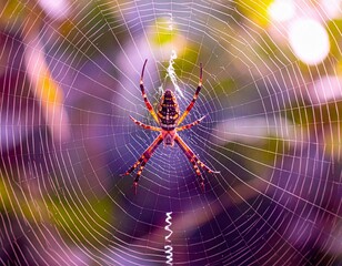 A highly detailed micro photo shot capturing a spider in the process of spinning its delicate web between leaves, with visible silk threads and intricate leg movement.