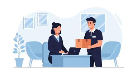 Businesswoman Receiving A Package From A Delivery Man In A Modern Office Space