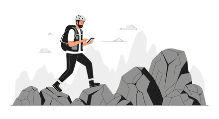 Adventurous Man Navigating Rocky Terrain With Mobile Device During Outdoor Expedition