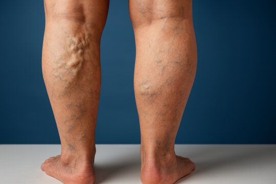 Close up revealing aged male legs displaying varicose veins against blue backdrop, signaling vascular health concerns and medical awareness