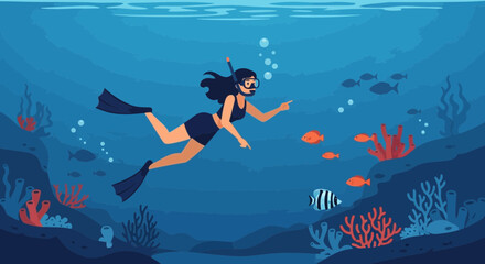 Adventurous Woman Exploring The Ocean Diving Among Colorful Fish And Corals