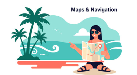 Fototapeta premium Adventurous Woman Exploring Tropical Island With Map And Palm Trees Illustration