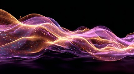 Fototapeta premium Abstract Purple Gold Glittering Waves Flowing Dynamic Energy Background Design Digital Art Illustration Modern Futuristic Elegant Shimmering Particles Swirling Pink Dark 