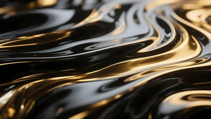 Abstract Fluid Waves Black and Gold Metallic Flowing Background Art