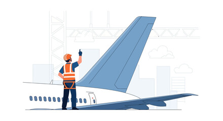 Obraz premium Aerospace Engineer Inspecting Airplane Tail During Maintenance Operation And Pointing Upward