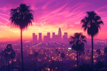 Los Angeles cityscape at dusk with palm trees and vibrant sky
