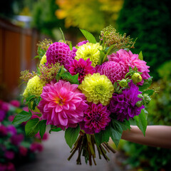 A bright hand-held bouquet of pink, yellow, and purple dahlias pops against a lush garden backdrop, capturing the essence of a summer bloom and natural beauty. © belleofthepinkprofit