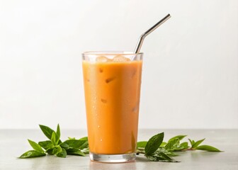 Fototapeta premium Refreshing iced thai milk tea in a clear glass tropical orange setting beverage photography bright atmosphere culinary experience