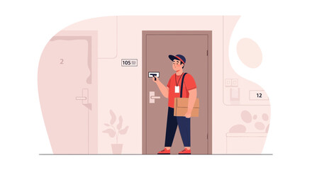 Cartoon Courier Delivering Package Rings Doorbell Delivery Service Concept
