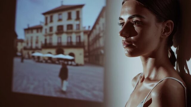 Woman watching projected italian square footage