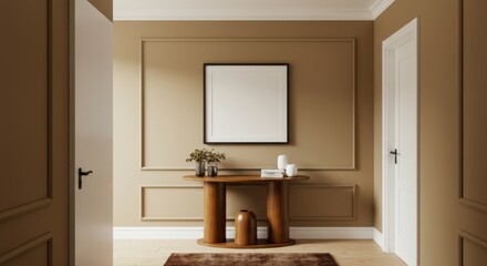 Elegance Unveiled: An inviting entrance hall features minimalist decor, showcasing a framed artwork above a stylish table, inviting a sense of refined beauty and comfort.