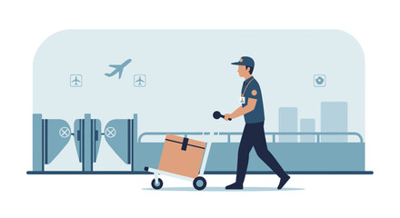 Airport Staff Transporting Luggage In Departure Terminal Vector Illustration