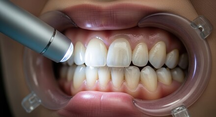 Close-up of dental examination: whitening procedure on teeth with specialized tool