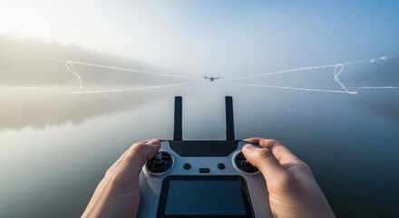 Drone flying over misty lake controlled by hands holding remote