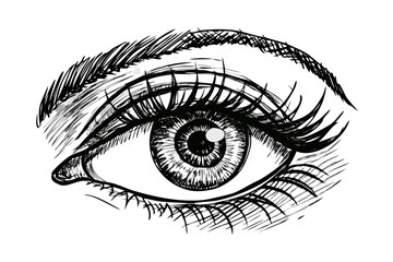 Obraz premium Detailed sketch of a human eye with dramatic eyelashes isolated on white background