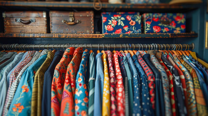 Colorful collection of shirts hanging on a rack with decorative boxes on a shelf above