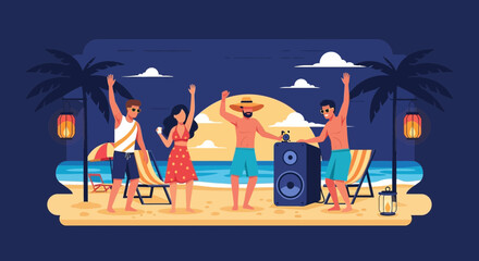 Obraz premium Animated Beach Party Scene with People, Palm Trees and Speaker