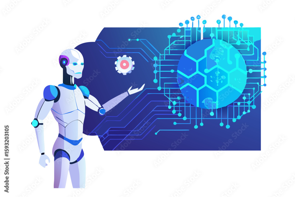 Poster futuristic robot interacting with a glowing digital network and a hexagonal sphere isolated on white