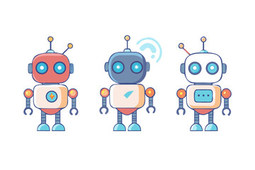 Three cute cartoon robots with different colors and features isolated on white background