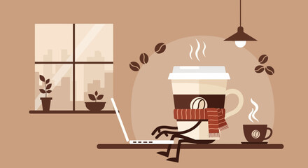 Animated Coffee Cup Character Working On A Laptop In A Cozy Environment
