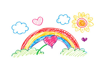 Obraz premium Colorful hand drawn rainbow sun clouds and hearts isolated on white background