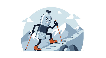 Cartoon Water Bottle Character Hiking Up Mountain With Trekking Poles