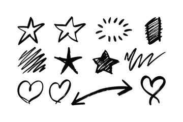 Collection of hand drawn doodle elements including stars hearts arrows and scribbles isolated on white background