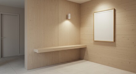 Interior design: A modern interior with wooden accents, illuminated by warm lighting, framing an empty display for artistic showcase. 