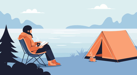 Fototapeta premium Cozy Camping By The Lake Reading Book With A Hot Drink Surrounded By Nature